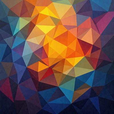 The primary subject of the image is a colorful geometric pattern, featuring a mix of blue, yellow, and orange colors. The setting is a dark background, which contrasts with the vibrant colors of the pattern. The visual style appears to be a digital art or illustration, as it is a well-defined and intricate design. The overall atmosphere of the image is lively and energetic, thanks to the bold and bright colors of the pattern.